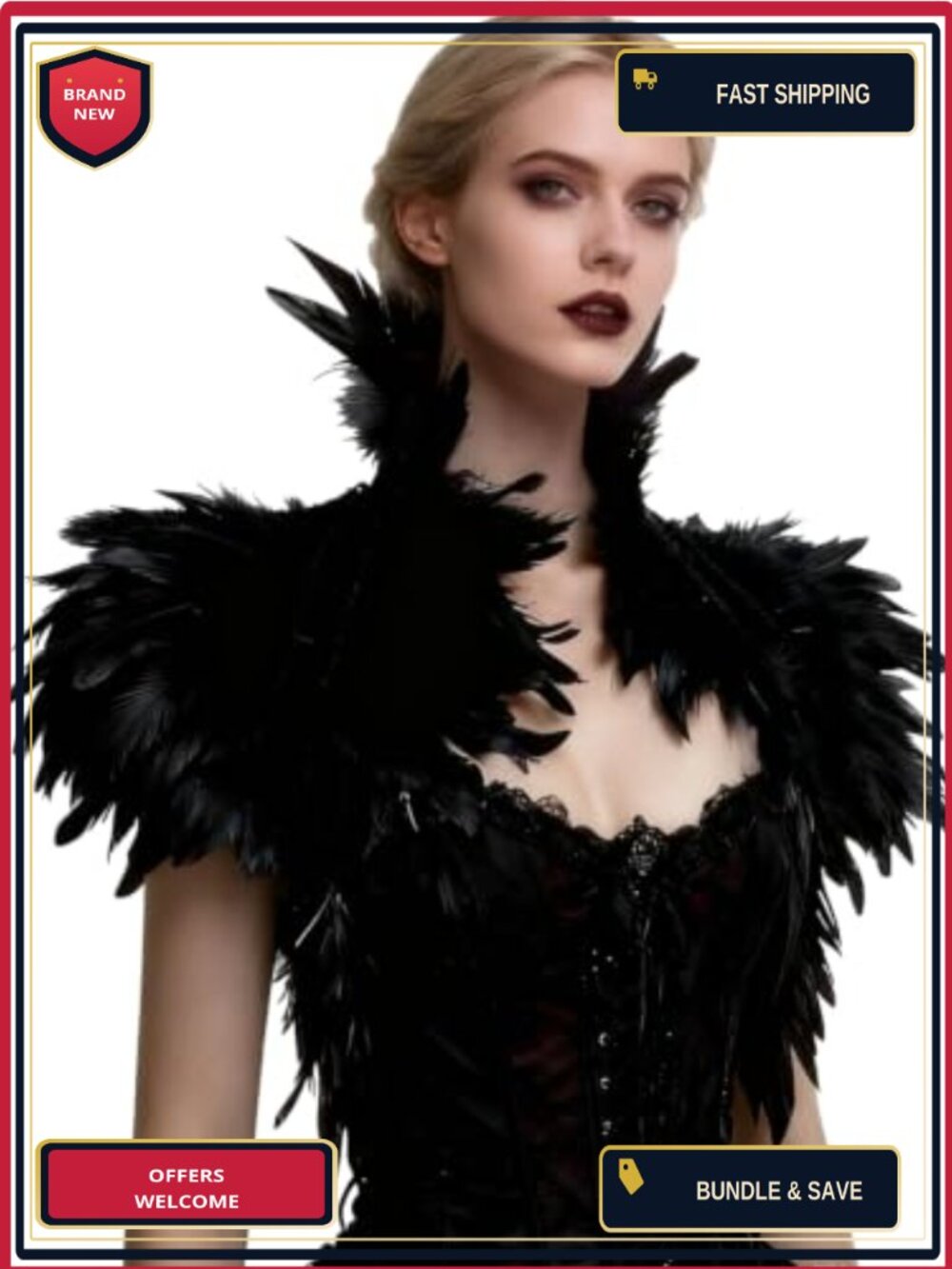 Gothic Real Feather Cape Shawl Wrap Velvet Ribbon Witch Raven Costume